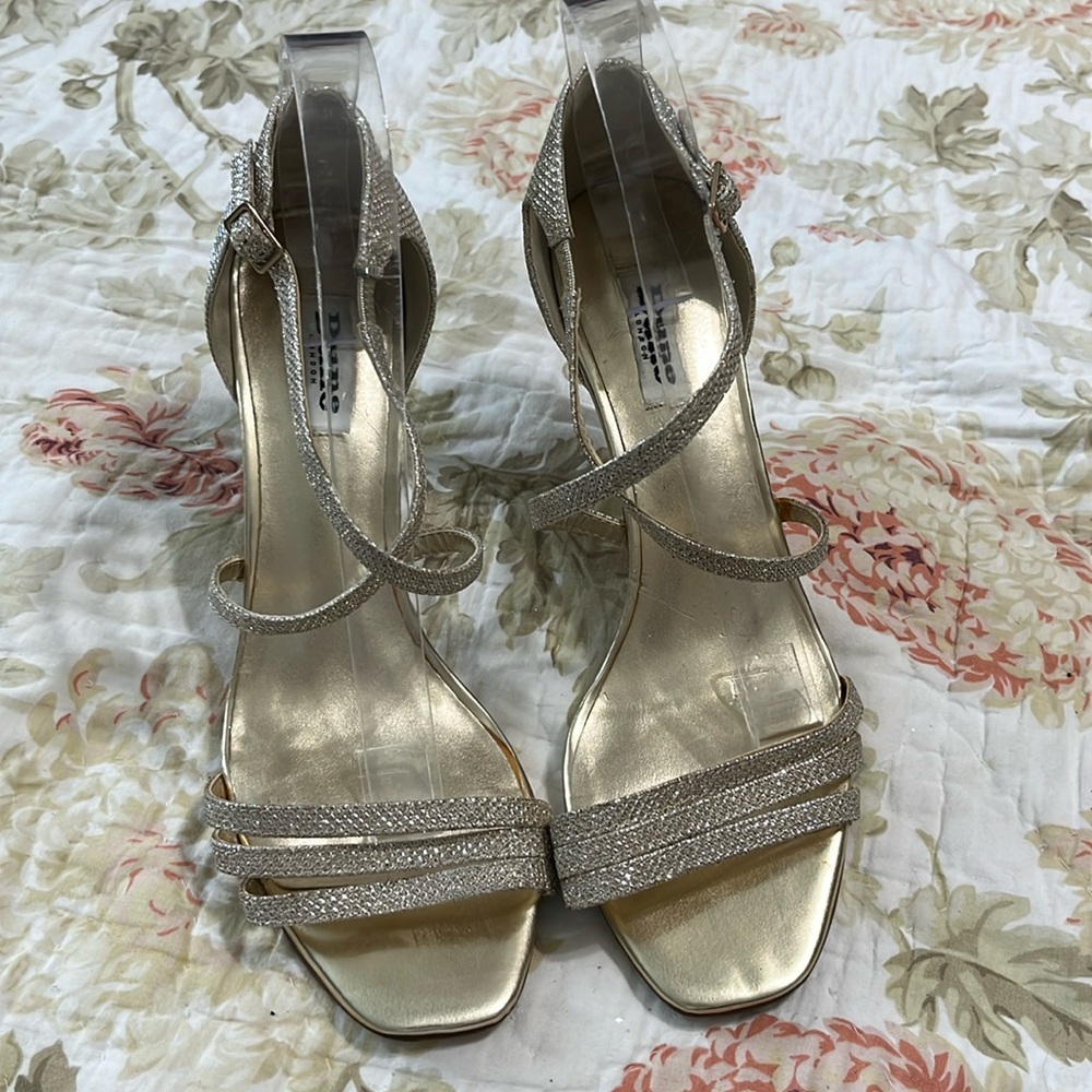 Dune London Glittery Metallic  Rose Gold X Strap Stiletto Sandal‎ Size 10.5/41